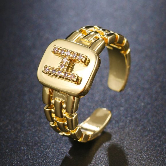 Lemonlimeblue Jewelry - Letter H 18K Gold Plated Watchband Zircon Adjustable Ring